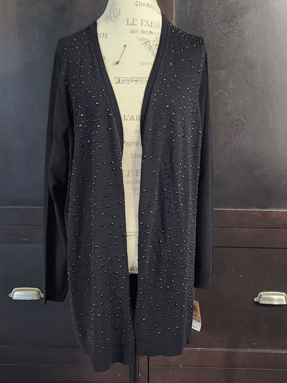 NWT Charter Club 2X Winter Elegance Black Beaded Studded Cardigan Sweater